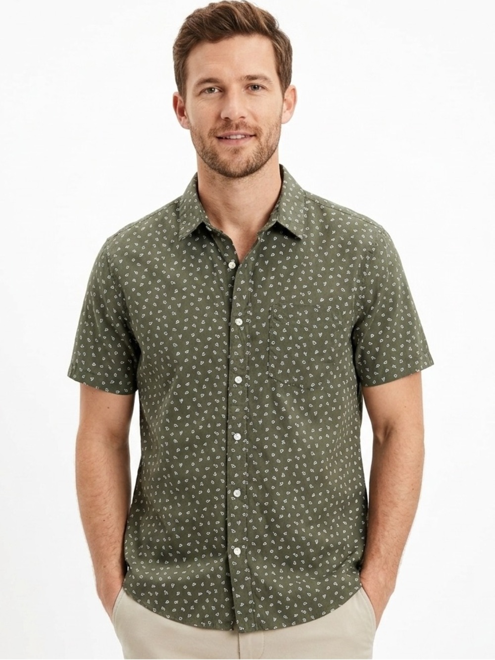 Men's Short-Sleeve Olive Printed Button-Down Shirt XL